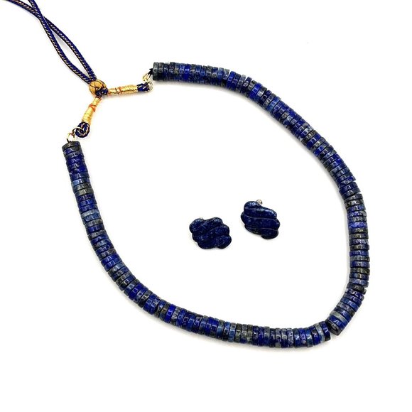 LAPIS LAZULI Disc Saucer Bead Necklace Earring Set Adjustable String Closure 20" - Picture 2 of 10